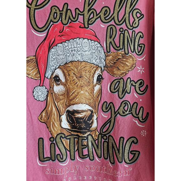 SIMPLY SOUTHERN Women M T-Shirt Top Pink Christmas Cowbells Ring Logo Cotton 38" - Picture 8 of 9